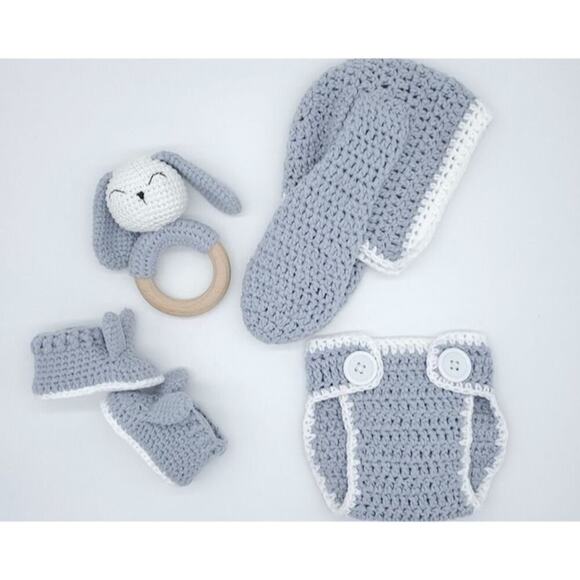 Handmade Crochet Bunny Baby Gift Set – Rattle, Bonnet, Booties & Diaper Cover - Picture 2 of 7